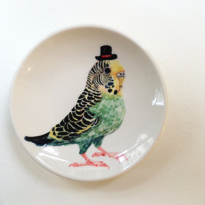 Hand-painted small porcelain plate-top hat budgerigar - จานเล็ก - เครื่องลายคราม สีเขียว