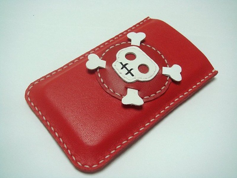 {Leatherprince 手工皮革} 台灣MIT 紅色 骷髏頭  iPhone 純手工牛皮保護套 / Ashbren the Skull iPhone Leather Case ( Red / White ) - 吊飾 - 真皮 