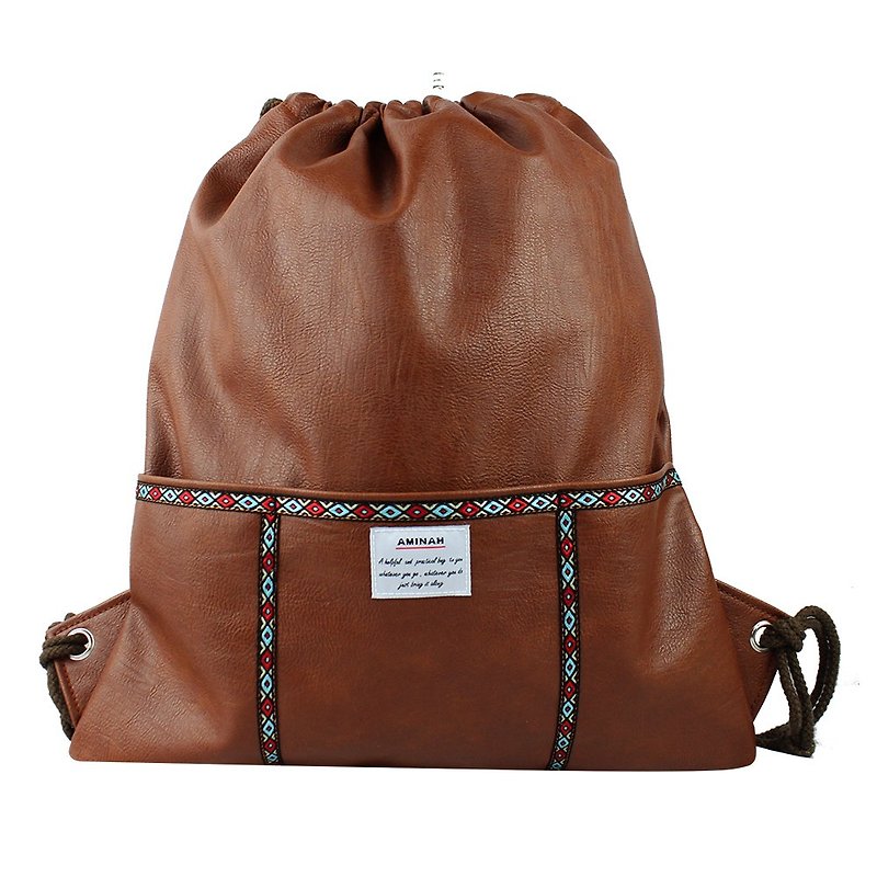 AMINAH- series after coffee totem beam port backpack [am-0285] - Drawstring Bags - Genuine Leather Brown