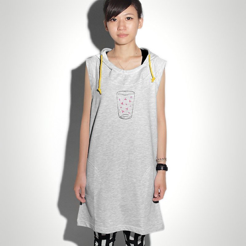 [M0326] HEY SUN independent ‧ cup pure hand-made brand of water in the end what hidden bacteria do? Hooded long board vest skirt T-shirt - Women's T-Shirts - Other Materials Gray