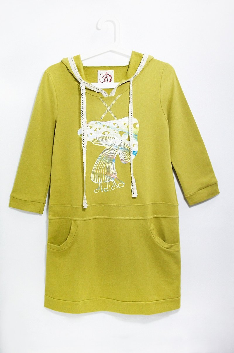 手感純棉清新蕾絲七分袖洋裝 - 尼泊爾香菇 - 洋裝/連身裙 - 棉．麻 綠色