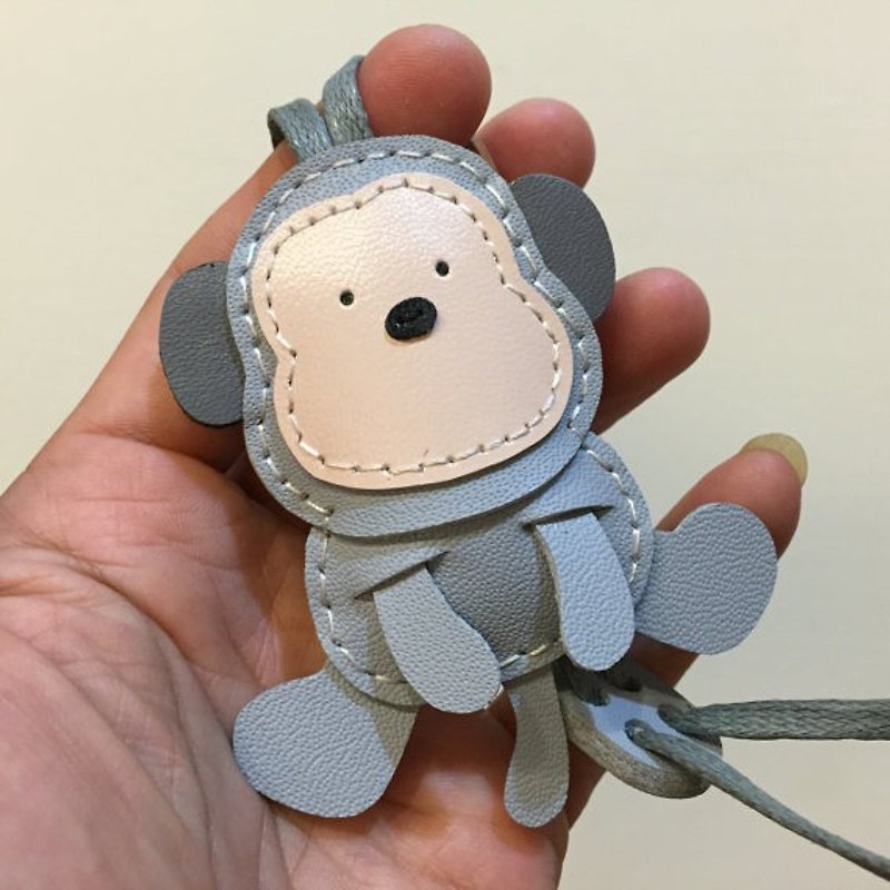 Healing small things gray cute monkey hand-stitched leather charm small size - พวงกุญแจ - หนังแท้ สีเทา