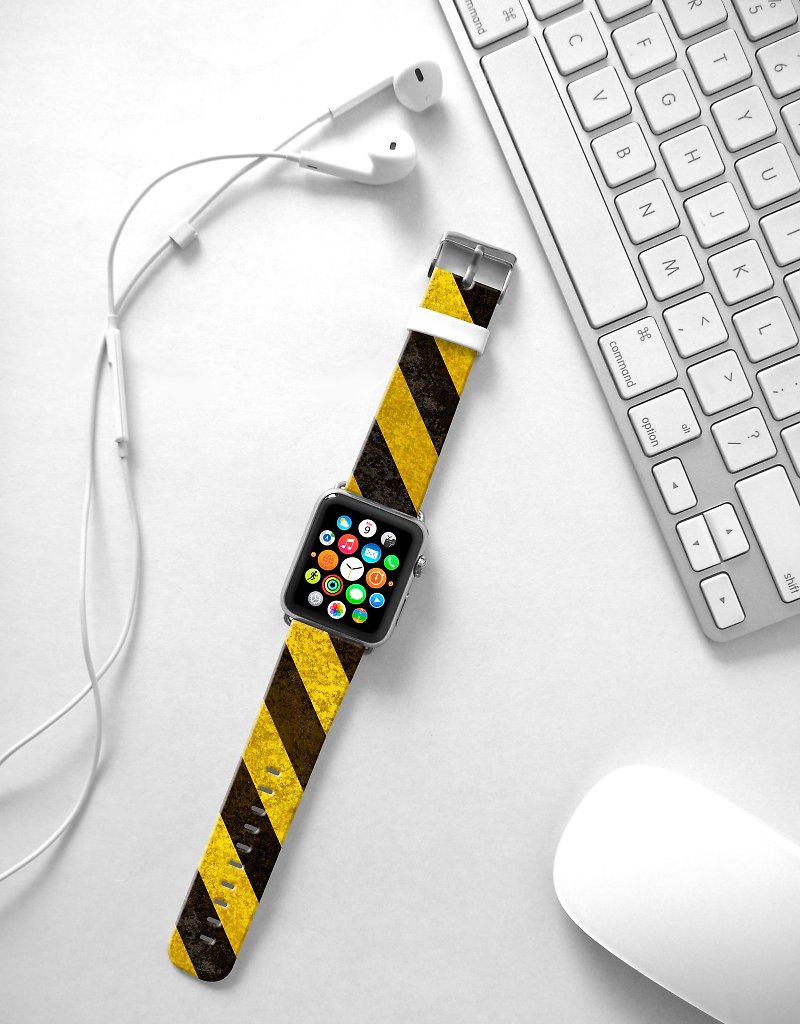 Apple Watch Series 1 , Series 2, Series 3 - Yellow Hazard Stripes Watch Strap Band for Apple Watch / Apple Watch Sport - 38 mm / 42 mm avilable - Watchbands - Genuine Leather 