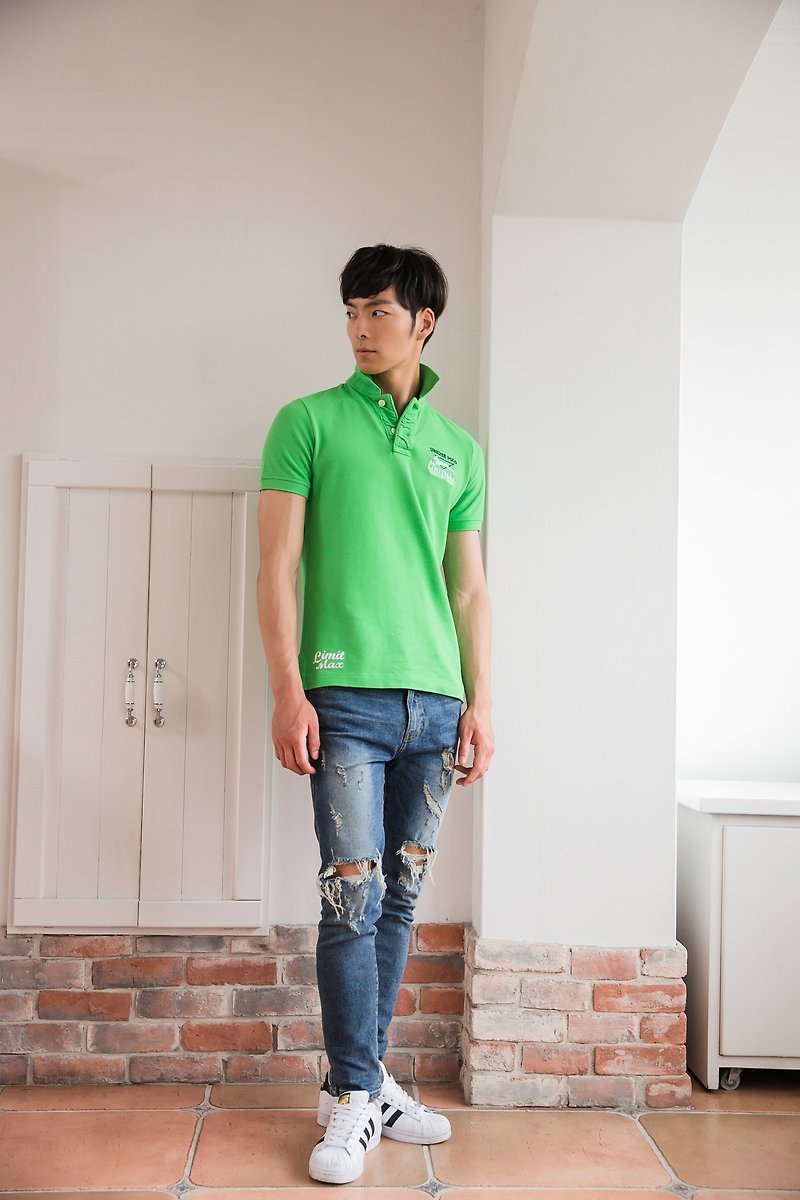 純棉網眼Polo衫 青綠飛躍徽章設計款 - 男 T 恤 - 棉．麻 綠色