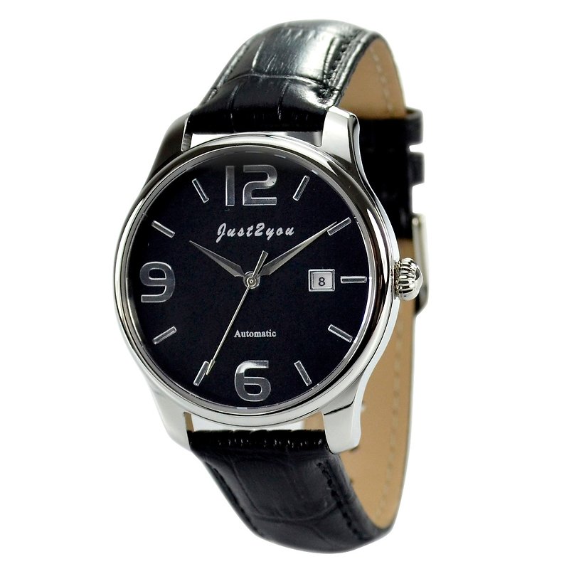 簡約自動上鍊機械錶(黑面大數字字)- 全球免運 - 男錶/中性錶 - 不鏽鋼 黑色