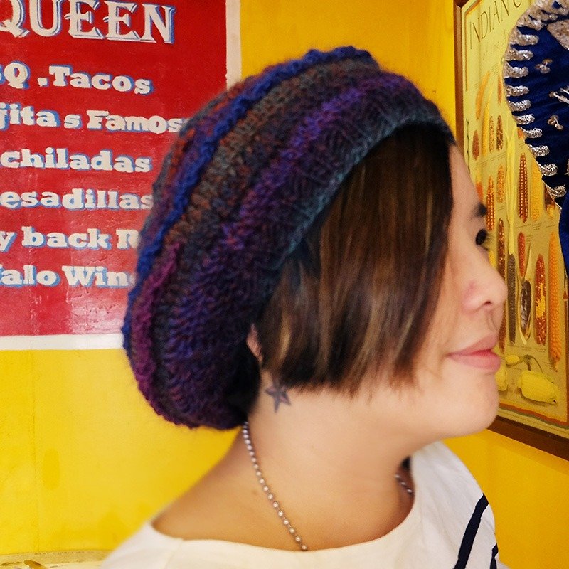 Araignee Design *手作毛帽-蕾絲貝蕾帽* -湛藍孔雀 豔麗優雅畫家帽  深藍色 紫色 橘色 - 帽子 - 其他材質 藍色