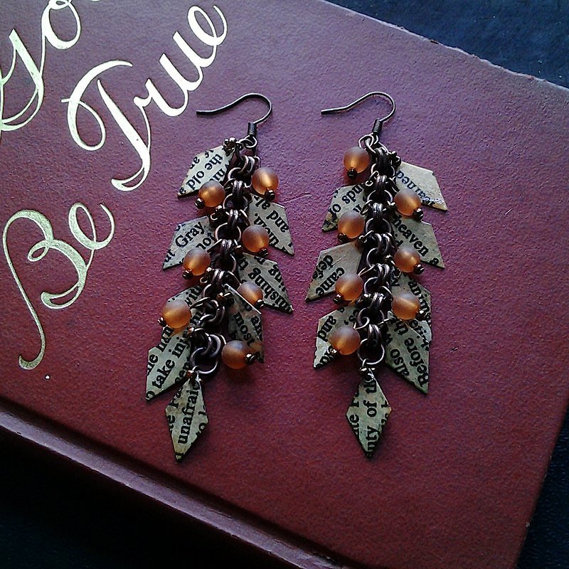 Muse recovered paper design retro orange diamond tassel pearl earrings - Earrings & Clip-ons - Other Materials Multicolor