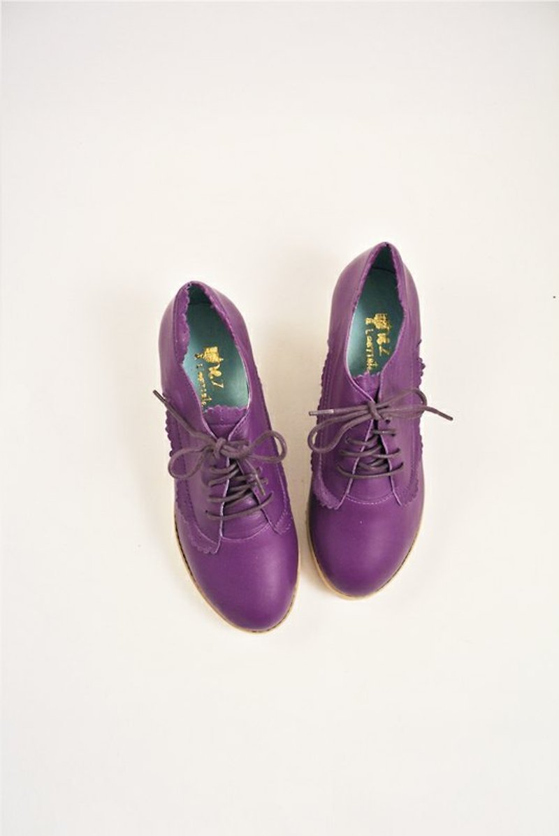 助曬油忘了帶。厚底笨跟白小花邊牛津。 - Women's Casual Shoes - Genuine Leather Purple