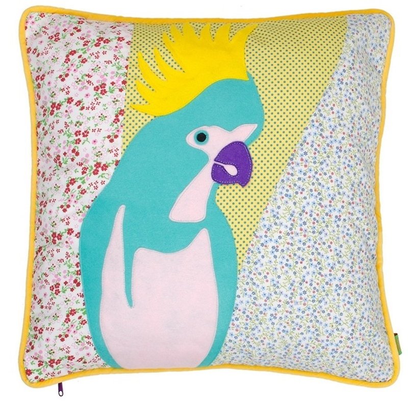 GINGER │ Denmark and Thailand design - cute parrot Patchwork cushion. Cushion - หมอน - ผ้าฝ้าย/ผ้าลินิน สีเหลือง