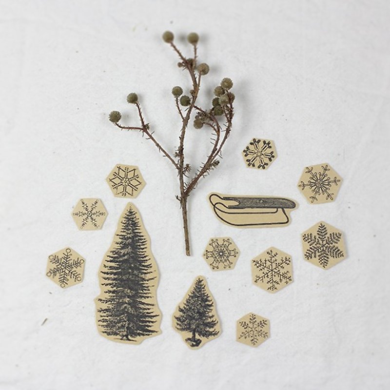 ✡Small scene-No. 2 fir tree snowflake sleigh✡ 12 hand-painted kraft paper illustration stickers - สติกเกอร์ - กระดาษ สีกากี