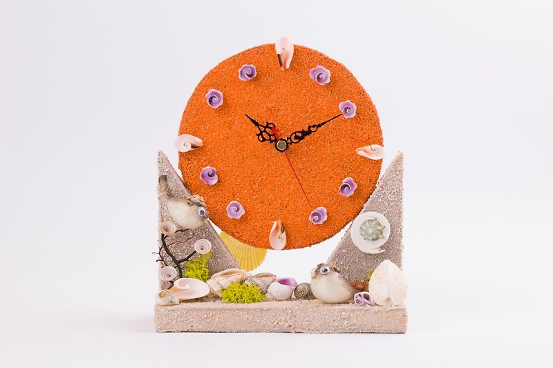 手作貝殼鐘 - 橘色 / 海洋風座鐘 - 時鐘/鬧鐘 - 木頭 橘色