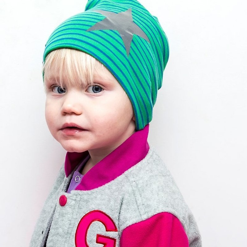 [北欧の子供服]スウェーデンのオーガニックコットンスターハット1〜6歳の緑/青のストライプ - 帽子・ヘアバンド - コットン・麻 グリーン