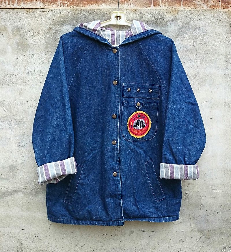 Stripes inside the buckle denim jacket embroidered patch - dislocation vintage - - เสื้อฮู้ด - วัสดุอื่นๆ สีน้ำเงิน