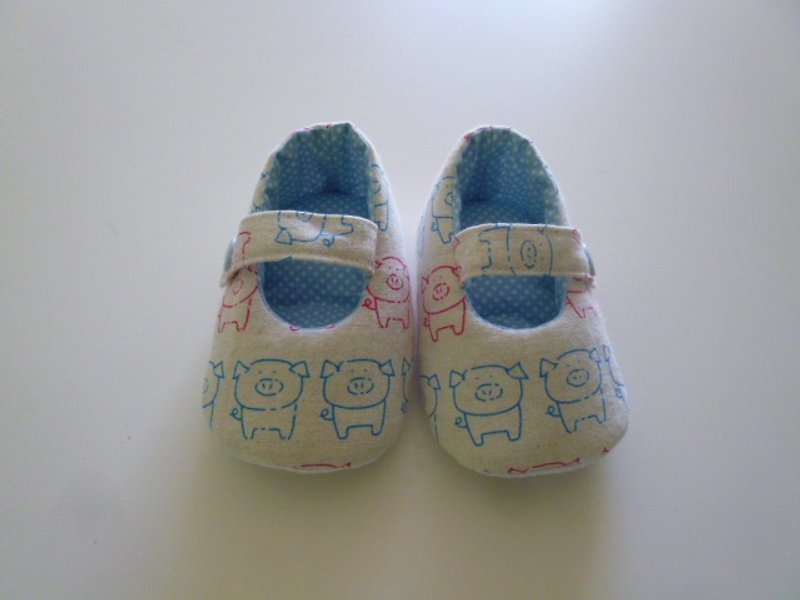 小豬嬰兒鞋 寶寶鞋 彌月禮物 - 嬰兒鞋/學步鞋 - 棉．麻 藍色
