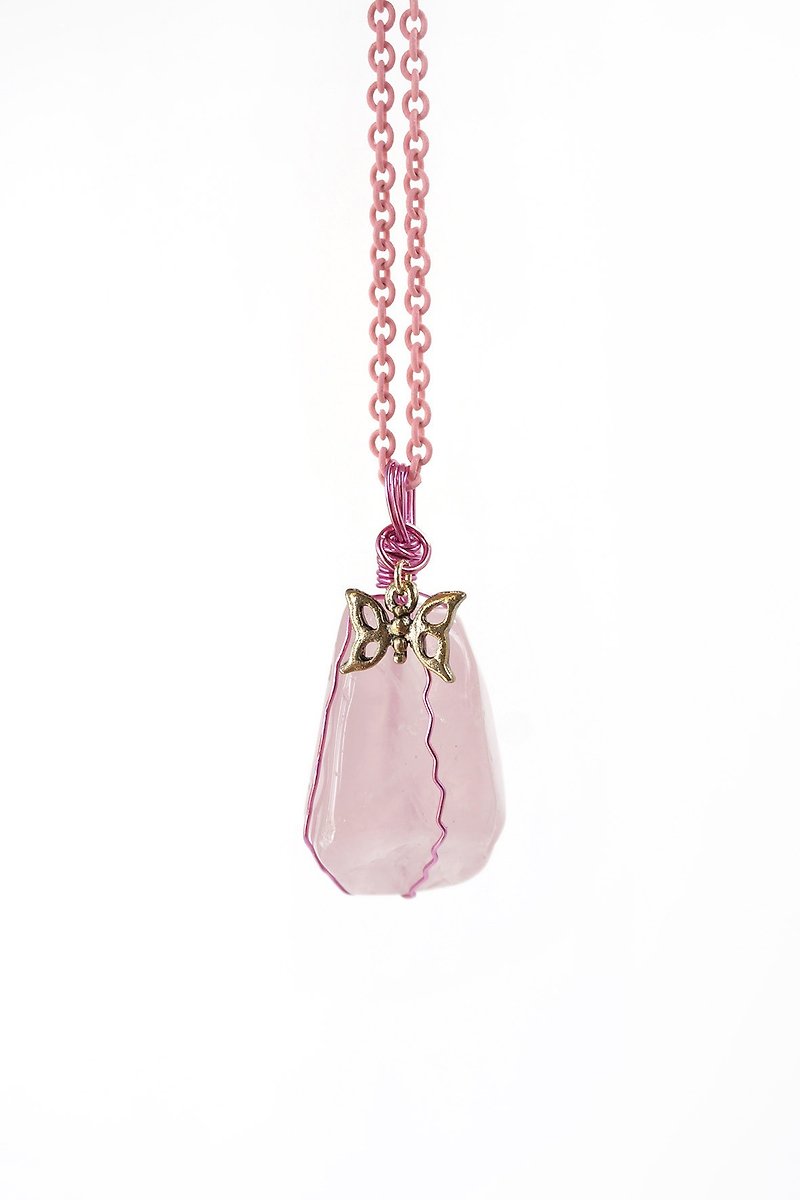 Big Wire Wrapped Rose Quartz Gemstone Necklace - Necklaces - Gemstone Pink