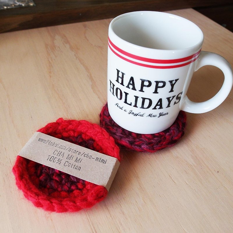 Cha mimi. Handmade groceries. Nordic cranberry cookies thick crocheted coasters - Coasters - Other Materials Red