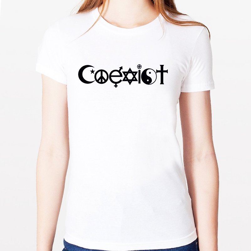 COEXIST女生短袖T恤-2色 共存 三角形 幾何 平價 時尚 設計 文青 十字架 - เสื้อยืดผู้หญิง - วัสดุอื่นๆ หลากหลายสี