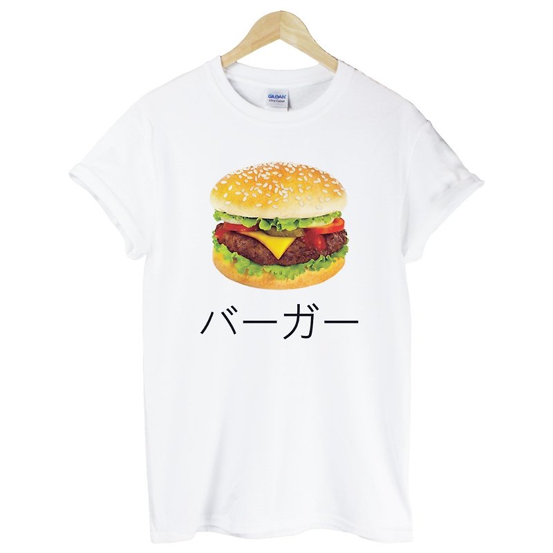 Japanese-Burger短袖T恤-白色 漢堡 日文 麵包 早餐 食物 設計 - 男 T 恤 - 棉．麻 白色