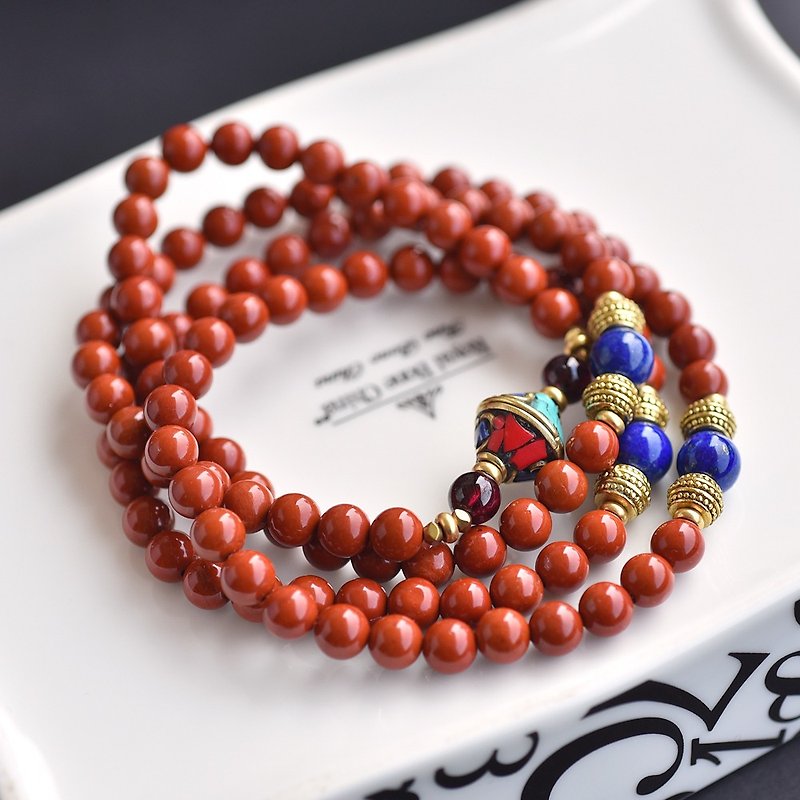 Tibetan Style Red Jasper*Lapis Stone*Garnet 108 Rosary/Bud/Multi-Loop Bracelet - Bracelets - Gemstone Red