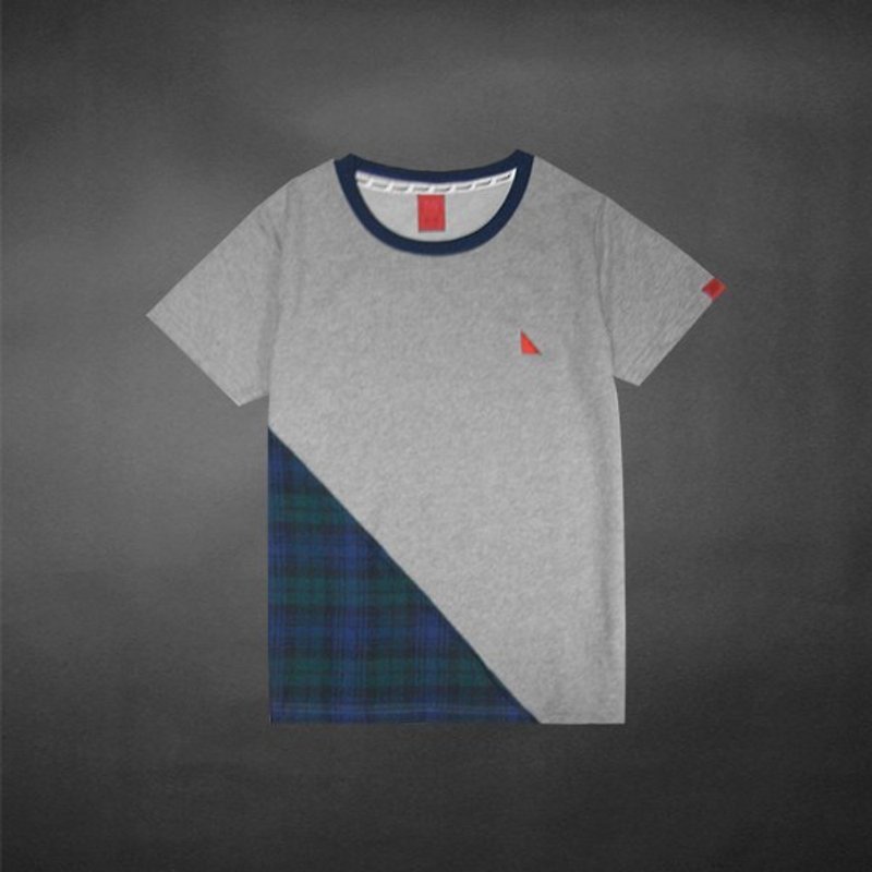 "H-ZOO" 直角三角形拼接Tee - 灰/藍綠格紋 ( 已售完 ) - Women's T-Shirts - Cotton & Hemp Gray