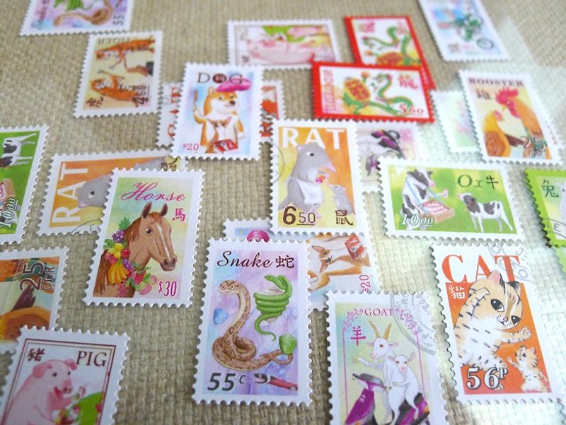 12生肖 郵票貼紙+明信片 - 貼紙 - 紙 多色