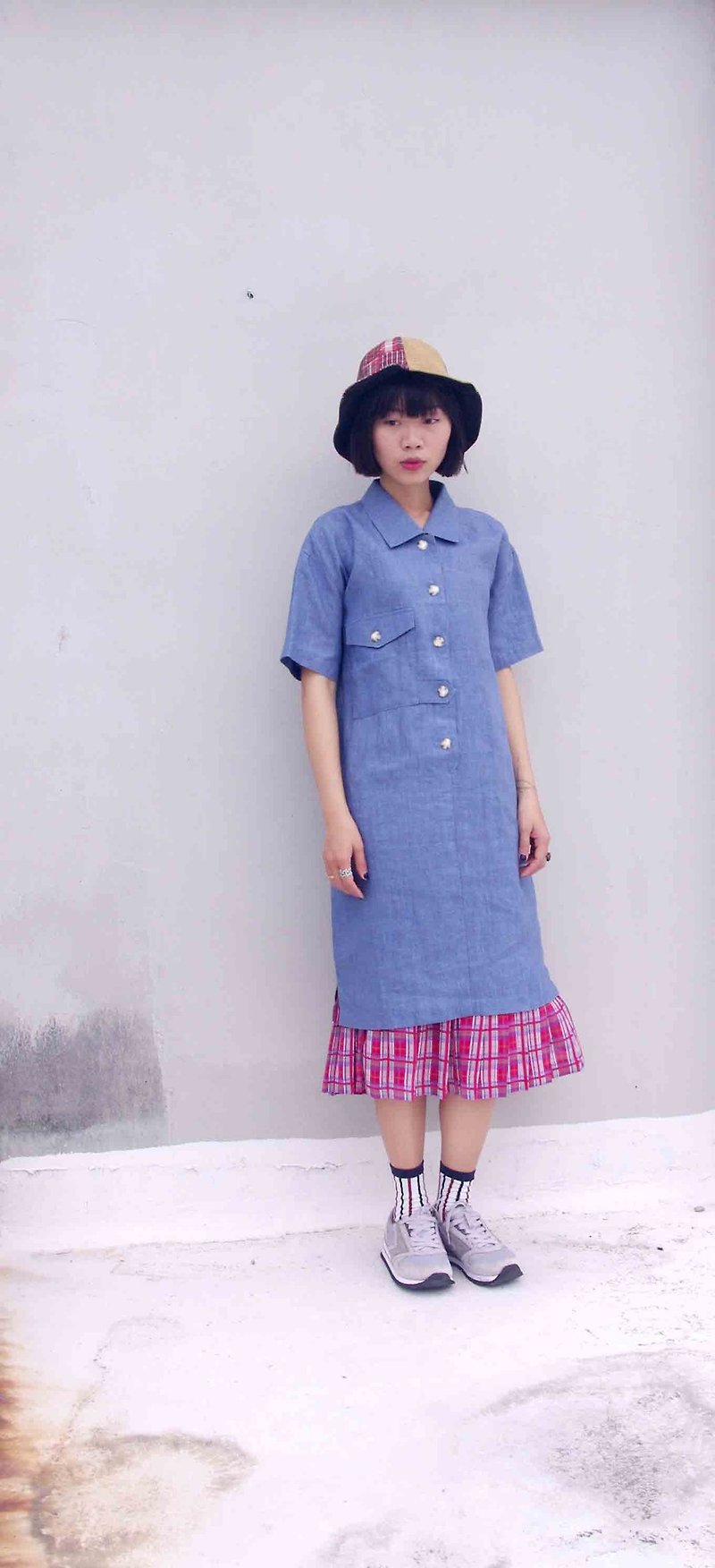 4.5studio- paddy rice to overseas vintage treasure hunt - a sense of cool linen dress shirt, blue denim straight - One Piece Dresses - Other Materials Blue