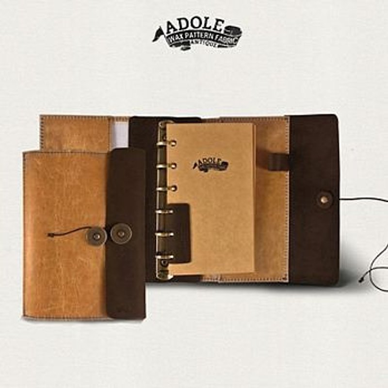 ADOLE│蠟紋布仿古皮革-A7六孔筆記本(24件組) - สมุดบันทึก/สมุดปฏิทิน - หนังแท้ สีนำ้ตาล