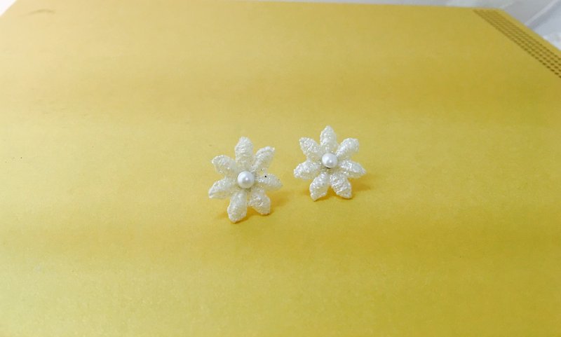Water lily lace clip earrings - ต่างหู - งานปัก สีน้ำเงิน