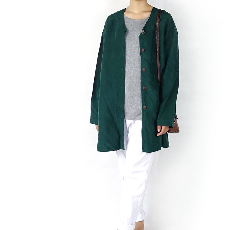BajuTua / vintage / dark green silk blouse minimalist Long - Women's Shirts - Other Materials Green