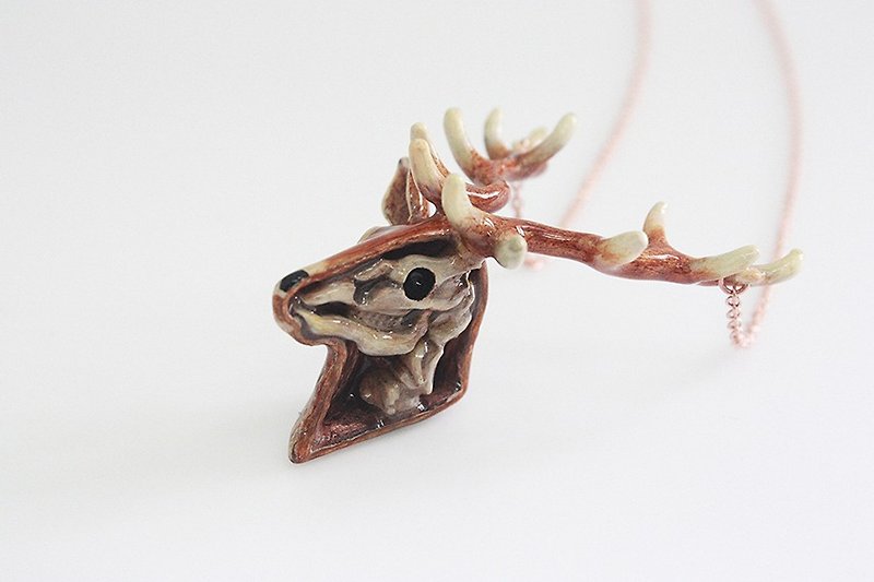 Anatomy of A Deer Head Skeleton Pendant with Hand-Painted Color Enamel / Modern Punk Rock Locket Jewelry / Brass Metal Work Necklace - Necklaces - Other Metals Gold