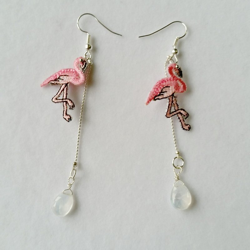 Flamingo Flamingo Flamingo Red Crane Moon Stone 925 Sterling Silver Long Earrings - Earrings & Clip-ons - Gemstone Pink