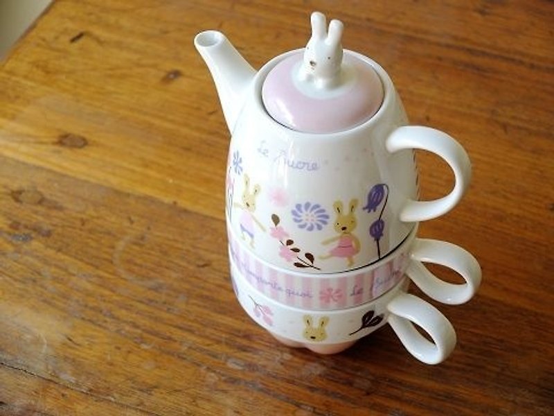 le sucre法國兔的午茶花園 可堆疊一壺二杯套組 粉紅 *情人節的兩人下午茶* - ถ้วย - วัสดุอื่นๆ สึชมพู
