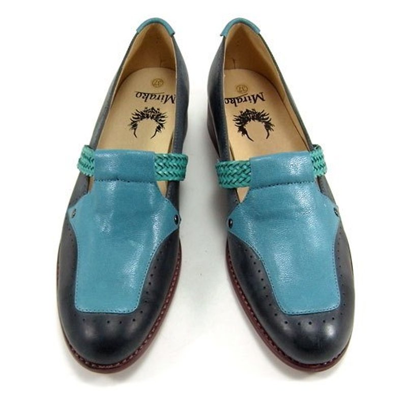 Sweet Villians 牛皮復古編織平底鞋W1011，藍色 - รองเท้าลำลองผู้หญิง - หนังแท้ สีน้ำเงิน