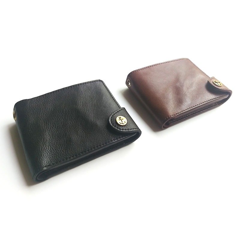 Plant knead leather short leather wallet anchor Snap button - Japan Shenglin company's leather goods brand Damasquina- - Wallets - Genuine Leather Black