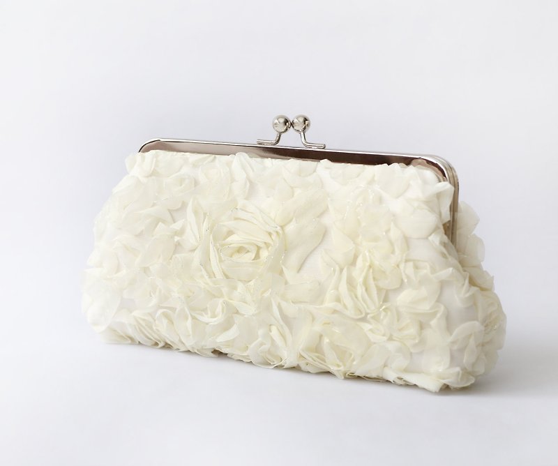 Handmade Clutch Bag in Ivory Chiffon | Gift for Bridal, Bridesmaids, Mom, Holiday Gift | Rose Floral Lace - กระเป๋าคลัทช์ - วัสดุอื่นๆ ขาว