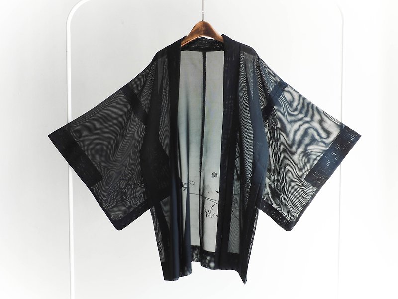River Hill - Zong Tian family through black feather embroidery woven antique Japanese kimono jacket vintage - Women's Tops - Paper Black