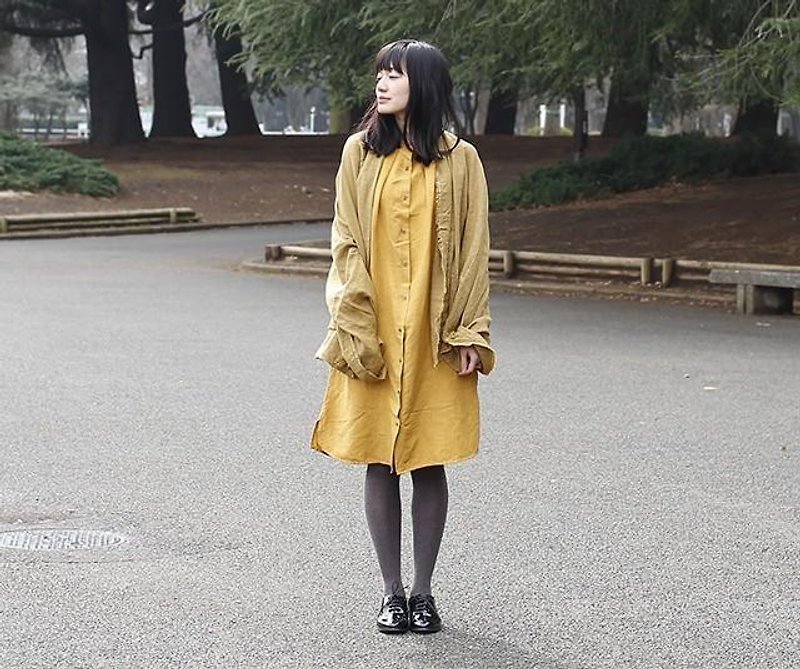 【Botanical dyed】  Onion dyed linen/rayon long shirt dress - One Piece Dresses - Other Materials Yellow