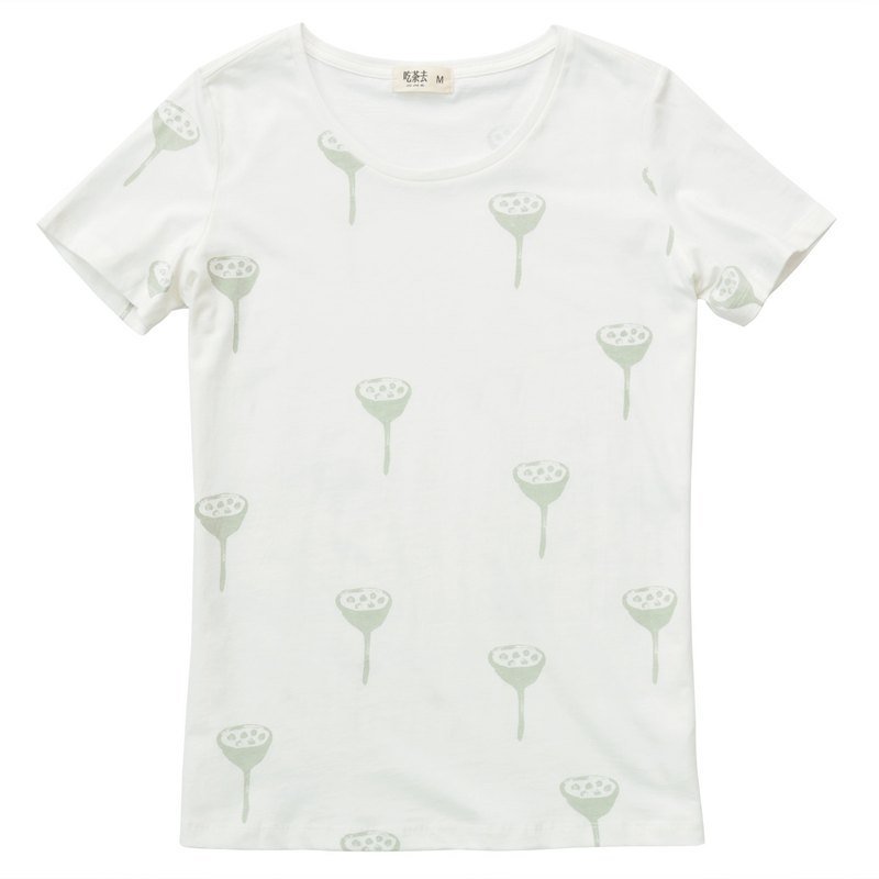 Explications original brand women's cotton round neck short sleeve T-shirt and white light green lotus - Women's T-Shirts - Cotton & Hemp White