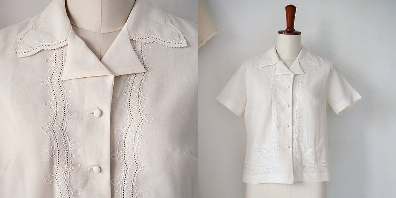 Banana Flyin' 日本復古著 白色刺繡短袖襯衫 - เสื้อเชิ้ตผู้หญิง - วัสดุอื่นๆ ขาว