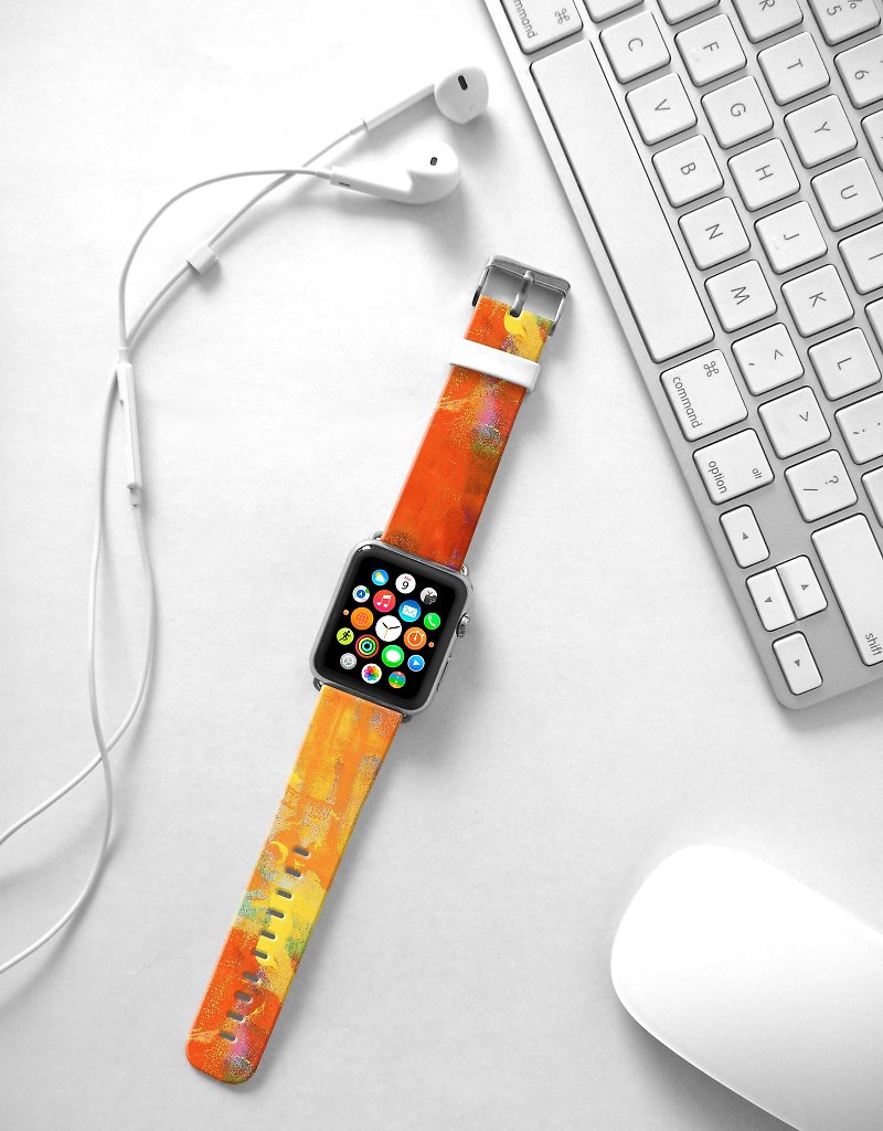 Designer Apple Watch band for All Series - Waterpaint abstract color Orange - สายนาฬิกา - หนังแท้ 