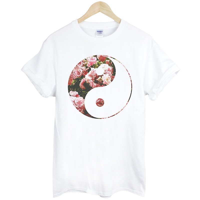 Ying Yang-Flower短袖T恤-白色 陰陽 太極 花 設計 圓 - T 恤 - 棉．麻 白色