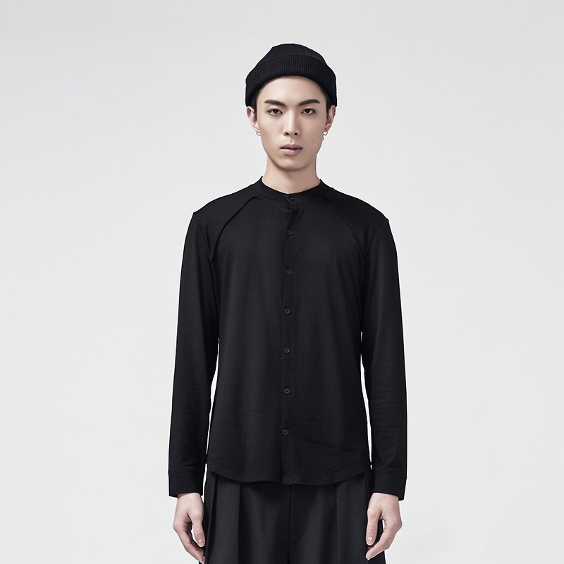TRAN - 針織立領襯衫 - 男毛衣/針織衫 - 其他材質 黑色