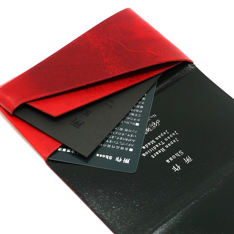 Japanese handmade-made Shosa vegetable tanned leather business card holder/card holder-low-key luxury/red and black - Card Holders & Cases - Genuine Leather 