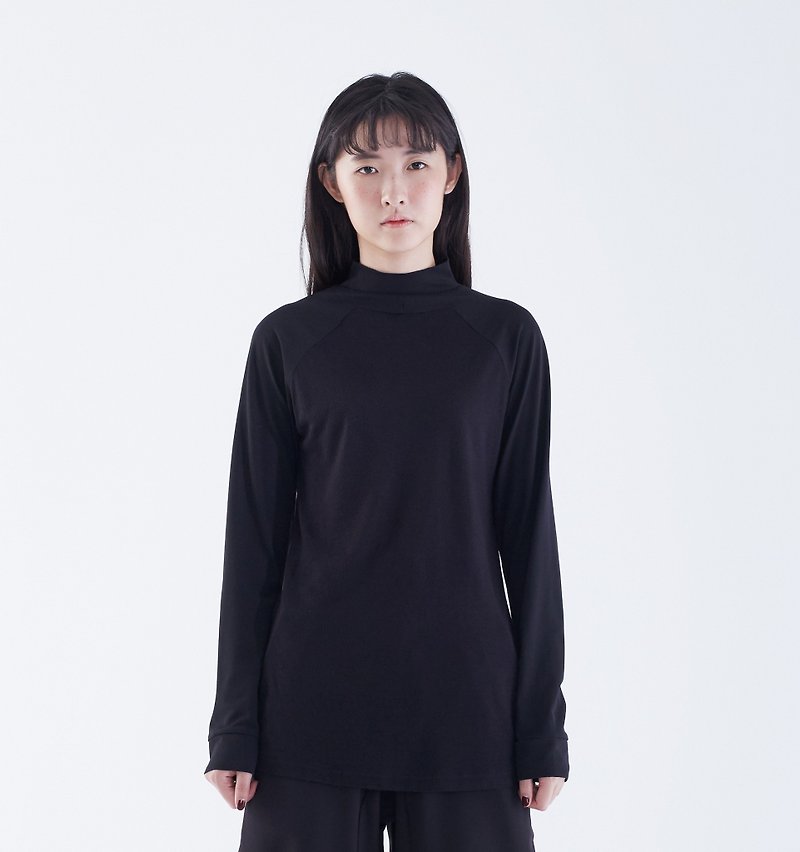 TRAN - One-sleeve high-necked TEE - Women's Tops - Cotton & Hemp Black