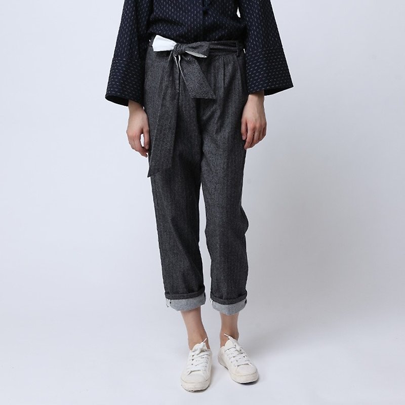 BUFU  vertical stripes pants with belt   P150708 - Women's Pants - Cotton & Hemp Gray