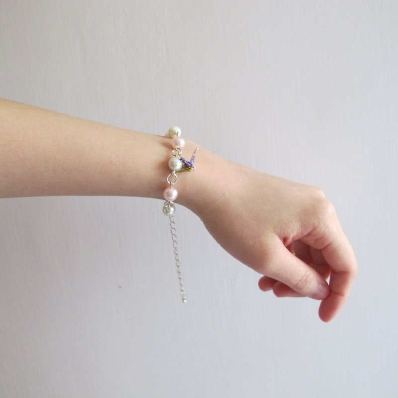 Origami Crane pearl bracelet (Handmade birds) - Bracelets - Paper Multicolor
