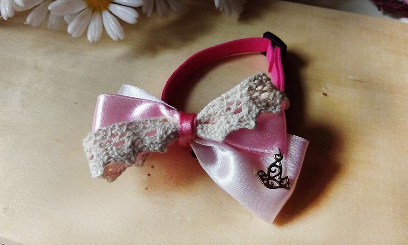 Safety pet collar x sweet pink. Classical cloth lace cat and dog / neck tie / bow tie / tweeted ♥ Cherry Pudding♥ - Collars & Leashes - Cotton & Hemp Black