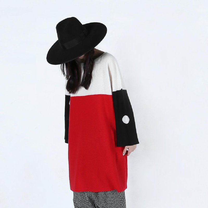 紅白黑拼色圓領長款羊毛衣 - imakokoni - 女裝 上衣 - 其他材質 紅色