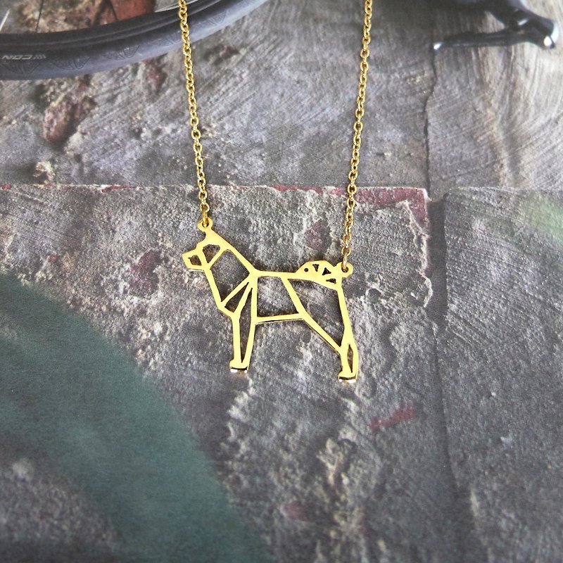 Akita Dog Necklace Gift for Dog Lover, Origami Jewelry, Gold Plated Brass - Necklaces - Copper & Brass Gold