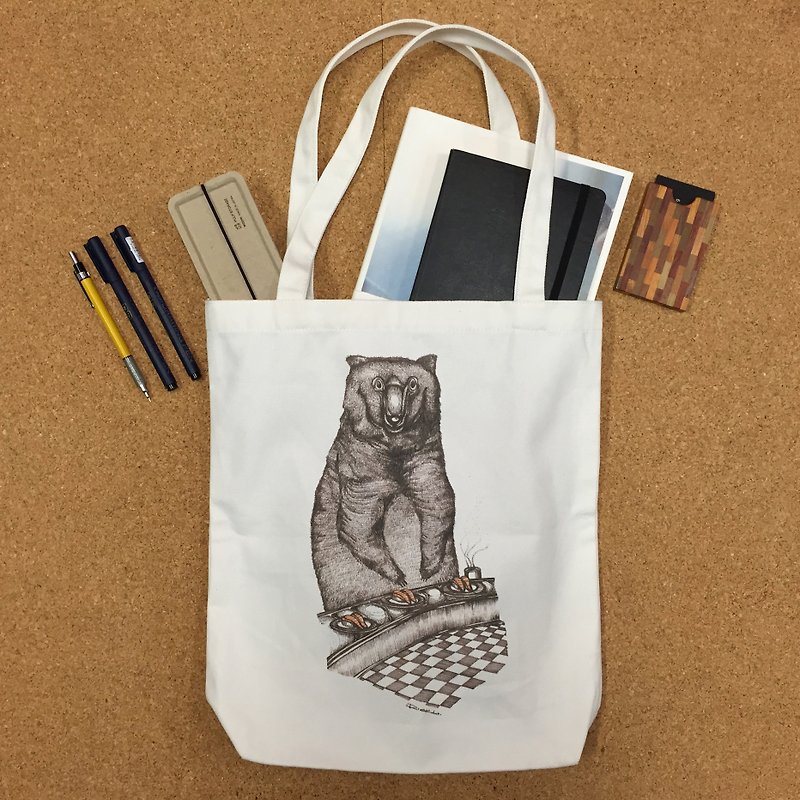 Bear and Japanese Salmon Sushi - artwork available in Canvas Tote Bag - Handbags & Totes - Other Materials 